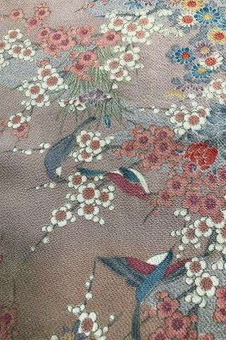 @@164 Cm Japanese Vintage Kimono Silk Fabric/ Smooth Crepe/birds,  Flowers A722