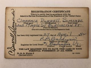 1942 Selective Service Registration Certificate Card Wwii Burlington Vermont Vt