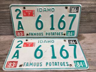 Early 1980’s Idaho License Plate Pair 2a 6167 Adams County W/83,  84,  86,  87 Tags