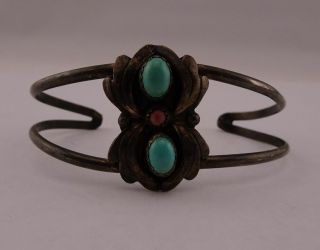 Vintage Native American Handmade Sterling Silver Turquoise & Coral Bracelet B26