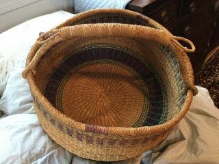 African Bolga Hand Crafted & Woven Market Basket Natural Grass And Leather