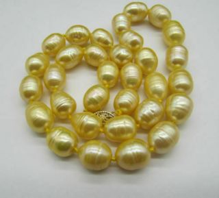 Hot 11 - 13mm Natural South Sea Golden Yellow Pearl Necklace 14k Gold Clasp 18 "