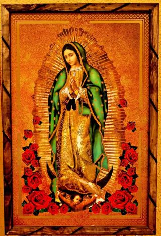 Virgen De Guadalupe Painting/print Glassed Art Framed " Red Roses " 36 " X24 " Huge