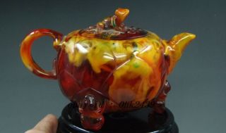 Chinese Old Wonderful Handwork Amber Carving Frog On Lotus Leaf Rare Tea Pot Nr