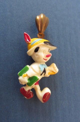 Vintage Pinocchio Celluloid Pendant 3 Dimensional Metal Bail Early Disney