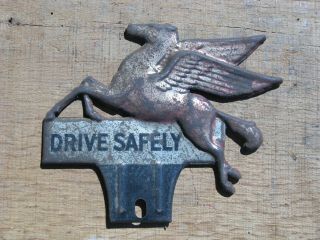Vintage Mobil Pegasus Antique License Plate Topper Drive Safely