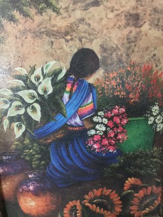 Vintage Framed Mexican Folk Wall Art Painting On Wood