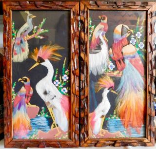 2 Vintage Mexican Feather Craft Bird Pictures Hand Carved Wood Frame Folk Art