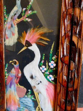 2 Vintage Mexican Feather Craft Bird Pictures Hand Carved Wood Frame Folk Art 2