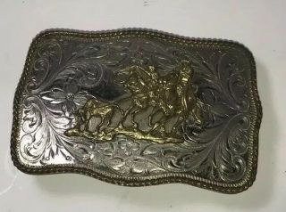 Montana Silversmiths German Silver Belt Buckle Western Cowboy Roping Calf