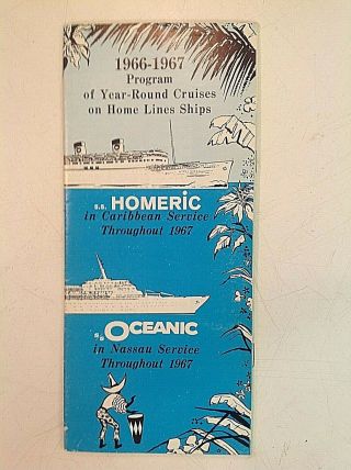 Vintage 1966 - 67 Home Lines Ss Oceanic Ss Homeric 7 - Day Cruise Program Brochure