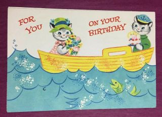 Punch Out Cat Row Boat Vintage Child’s Birthday Greeting Card