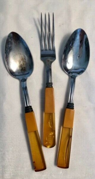 Authentic 3 Piece Vintage Two Toned Bakelite Lucite Flatware - 2 Spoons & 1 Fork