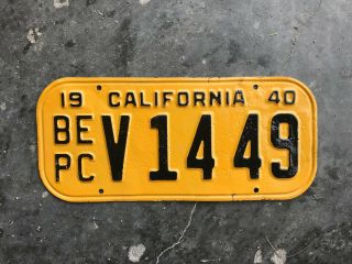 1940 California Truck License Plate Be Pc V 1449 Board Of Equalization