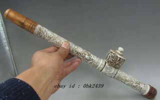 Collectibles Decorated Chinese Handwork Carved Dragon Old Bone Long Smoking Pipe