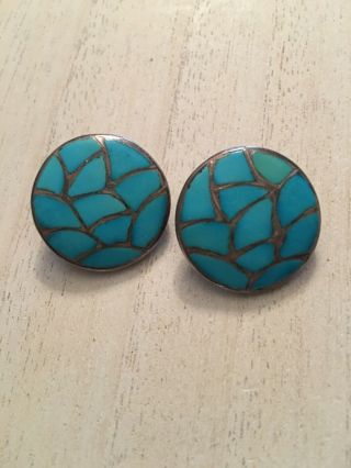 Vintage Native American Zuni Stm Sterling Silver Turquoise Fish Scale Earrings