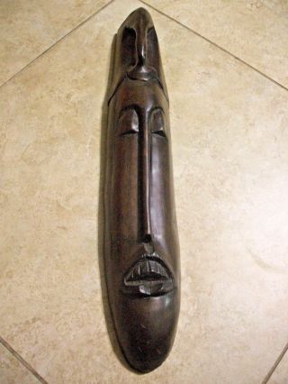 Hand Carved Black Long Face Wooden Mask Wall Decor 19 1/4 " X 3 1/2 " Heavy Wood.