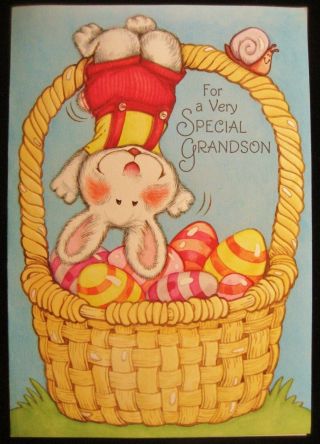Vintage Easter Greeting Card Pop - Up Embossed Easter Bunny Hanging Upside - Down