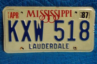Kxw 518 = April 1987 Lauderdale County Mississippi License Plate