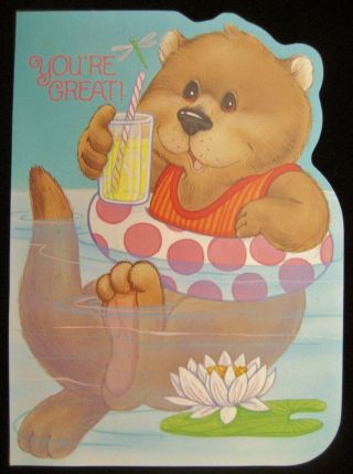 Vintage Birthday Greeting Card Teddy Bear Floating In Pond Drinking Lemonade