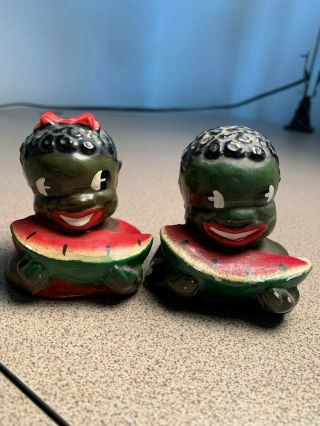 Vintage Black Americana Salt & Pepper Shakers: Chalkware Kids With Melons