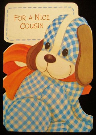 Vintage Birthday Greeting Card Die Cut Embossed Gingham Dog Cousin Hallmark Card