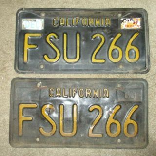 Pair 1961 - 69 California Black License Plates Fsu 266 & Bonus Tarzana Frame