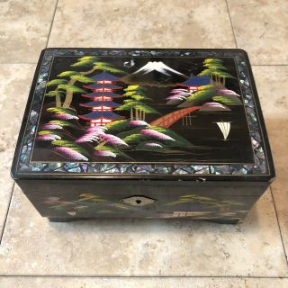 Vintage Japanese Hand Painted Black Lacquer Inlay Music Jewelry Box Antique Wood