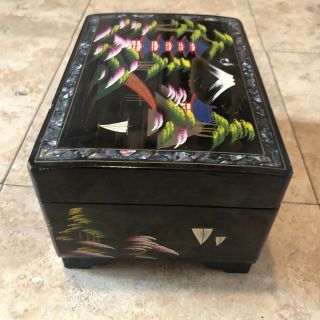 Vintage Japanese Hand Painted Black Lacquer Inlay Music Jewelry Box Antique Wood 3
