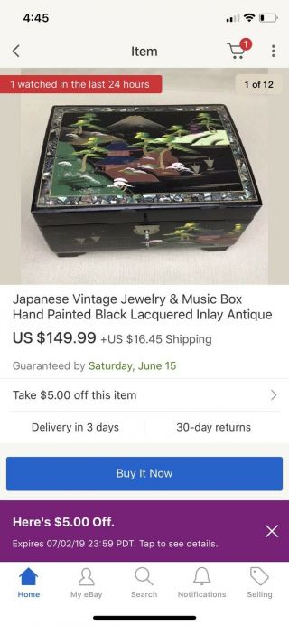 Vintage Japanese Hand Painted Black Lacquer Inlay Music Jewelry Box Antique Wood 8