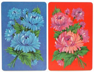Pair Vintage Swap Cards.  Chrysanthemum Flowers.  Blue,  Pink.  Arrco.