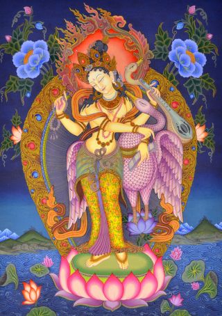 30 " Blessed Tibetan Mineral Thangka Yanchenma Sarasvati Goddess Of Art