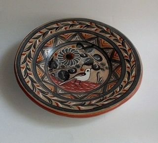 Vintage Tonala Mexico Burnished Plate - Mexican Folk Art - Long Tail Bird - 10 " Dia