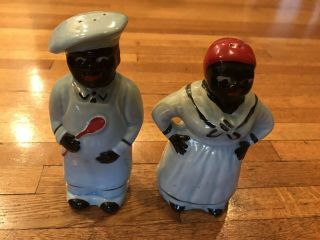 Vintage 7 Inch Black Americana Salt And Pepper Shakers,  Blue And Red