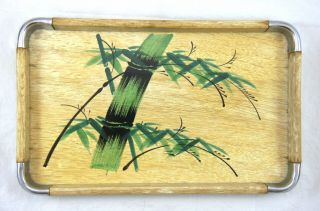 Mcm Japanese Bamboo Wood & Metal Serving Tray W Hand Painted Bamboo / Leaves Art