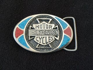 Vintage Harley Davidson Turquoise And Coral Inlay Oval Belt Buckle