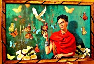 Art Framed Print/painting Mexico Frida Kahlo Portrait " Butterflys " 35 " X24 " Huge