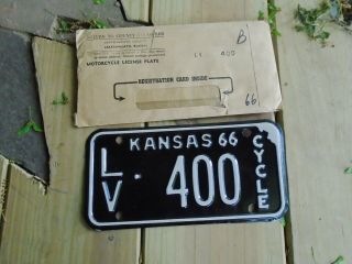 1966 Kansas Motorcycle License Plate Lv - 400,  Route 66,  Leavenworth County,  Usa