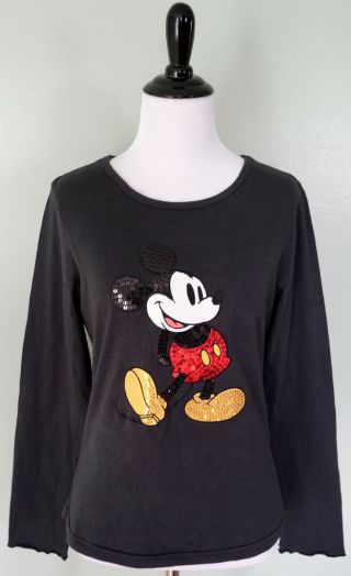 Walt Disney World Mickey Mouse Sequin Black Long Sleeve T - Shirt Shirt Size Small
