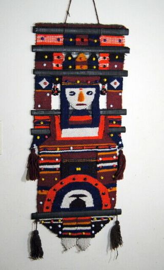 Vintage Peruvian Tapestry Art Wall Hanging Hand Woven Peru Face With Earrings