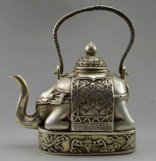 Chinese Collectible Old Handwork Tibet Silver Carve Flower Elephant Big Tea Pot