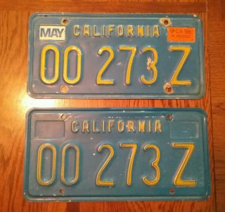 Set Pair California Metal License Plates 00 273z Blue Yellow Dmv Clear