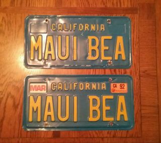 Set Pair California Metal License Plates Maui Bea Blue Yellow Dmv Clear