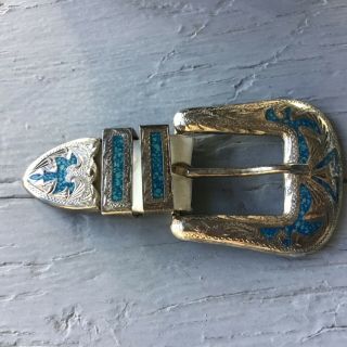 Classic Old West Style Ranger Mexico Turquoise Silver Belt Buckle Set 2 Keepers