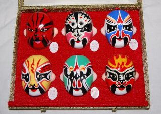 Vintage Chinese Opera Miniature Set 6 Porcelain Mask Display Box Asian Oriental
