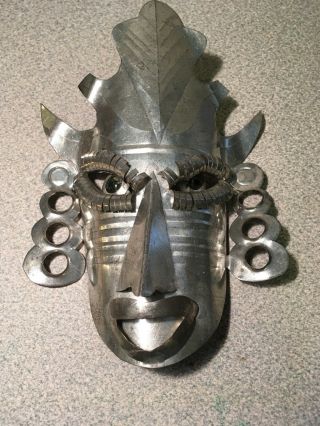 Mexican Art Sculpture Mask With Metal 8” By 5”