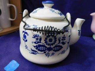 Teapot Blue White Metal Handle Vintage Japanese Onion Pattern Porcelain Japan