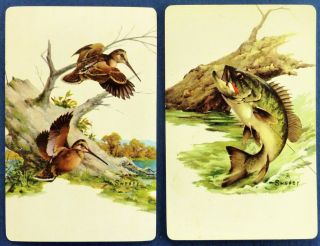 Pair Vintage Swap Cards.  Game Birds,  Fish.  Woodcock & Bass.  C1950s.  Art F Sweney