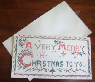 2 Vtg Mid Century White Boston Christmas Card,  Cross Stitch Word Art, .