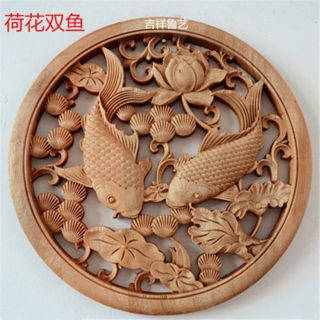 Chinese Hand Carved 荷花双鱼 Statue Camphor Wood Round Plate Wall Sculpture